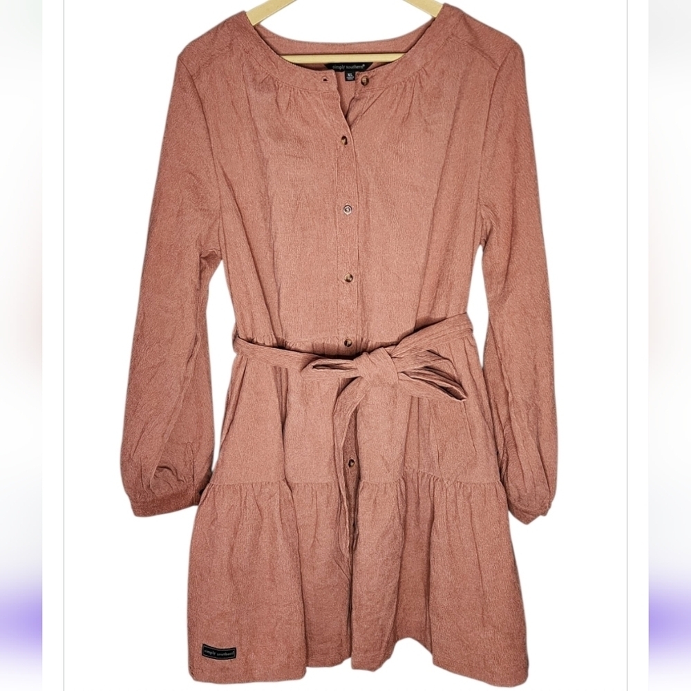 Simply Southern Button Up Front tiered Ruffle Mini Corduroy Belted Dress Size XL